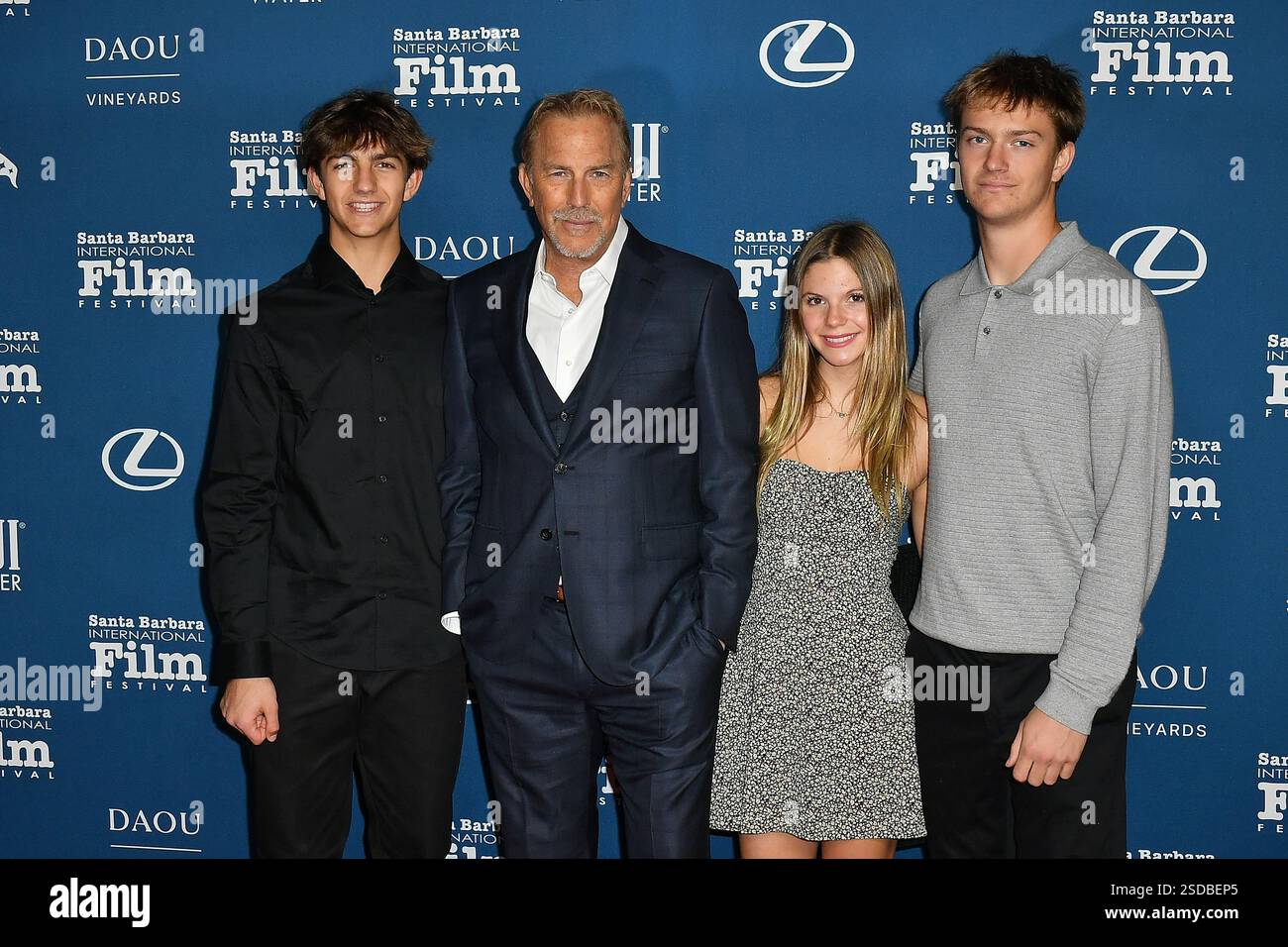 Santa Barbara, USA. 07th Feb, 2025. Cayden Wyatt Costner, Kevin Costner Lily Costner and Hayes