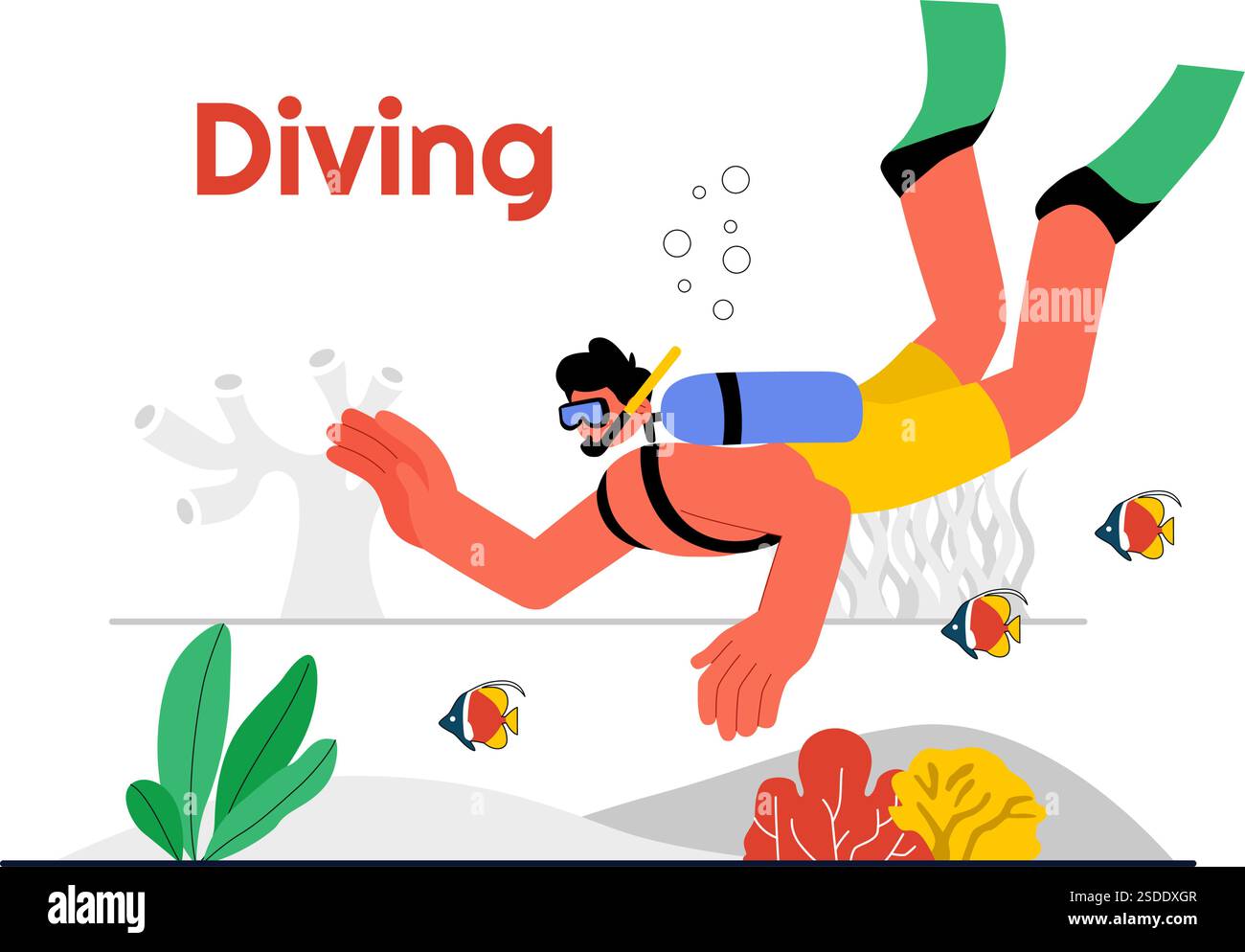 Diving Sport Vector Illustration Featuring Underwater Swimming Equipment for Exploring Coral Reefs, Sea Flora and Fauna, and Marine Life in the Ocean Stock Vector
