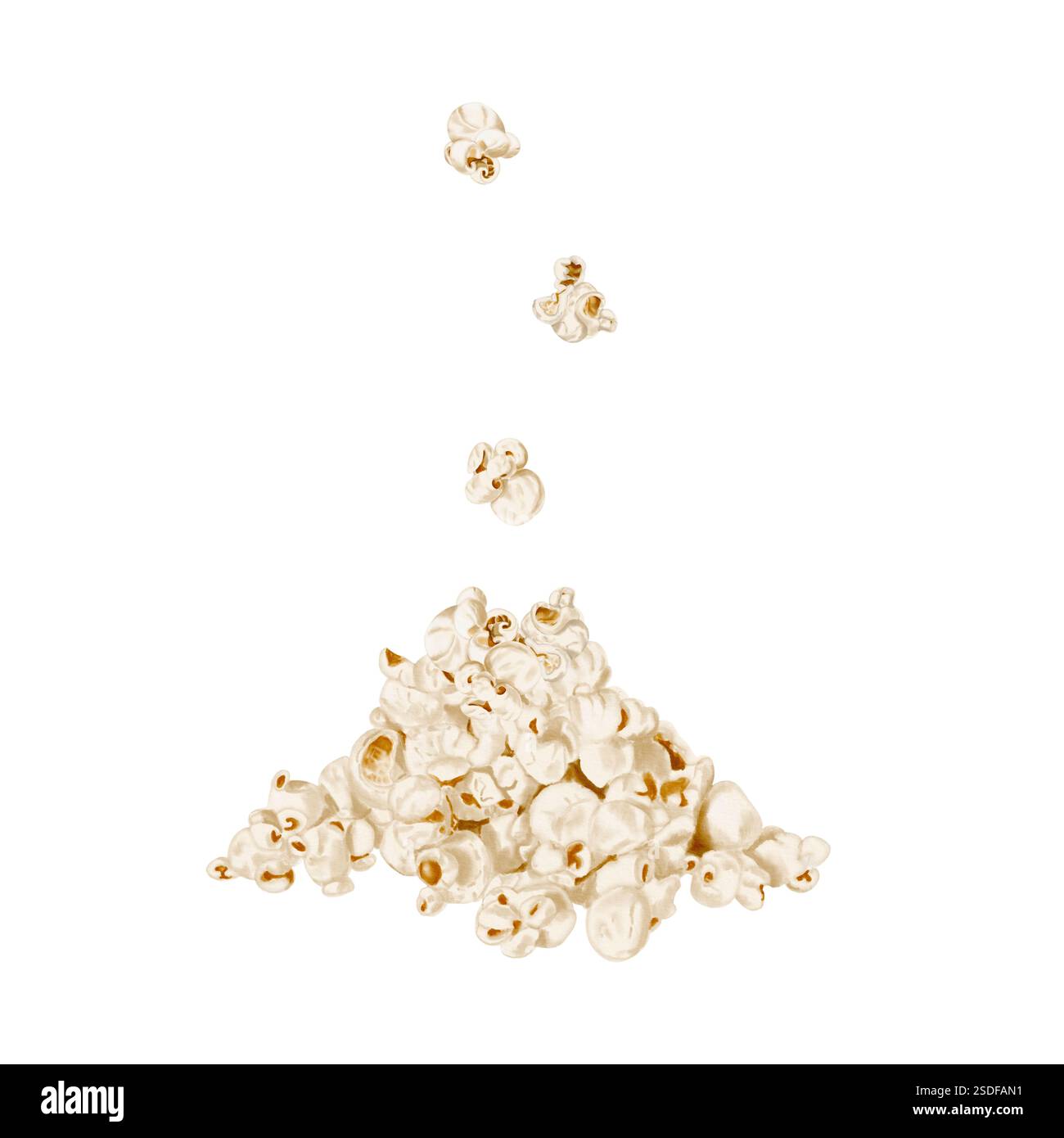 Flying popcorn. Scattered snack. Airy little flakes. Watercolor illustration. Isolated from the background. Classic retro style An additional element Stock Photo