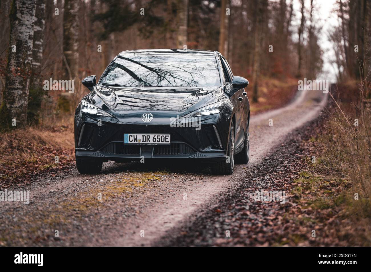 Black electric car driving on a forest path in autumn, e-car sharing vehicle from Deer Mobility, Gechingen, Black Forest, Germany, Europe Stock Photo