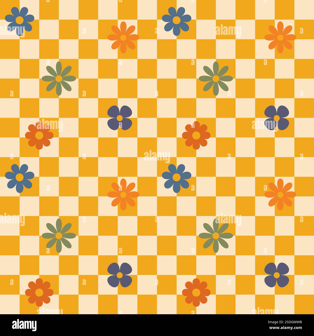 Groovy flower checkered pattern. Retro seamless pattern with simple ...