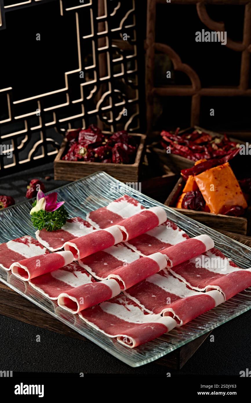 Best hot pot ingredients Angora beef fat slices Stock Photo - Alamy