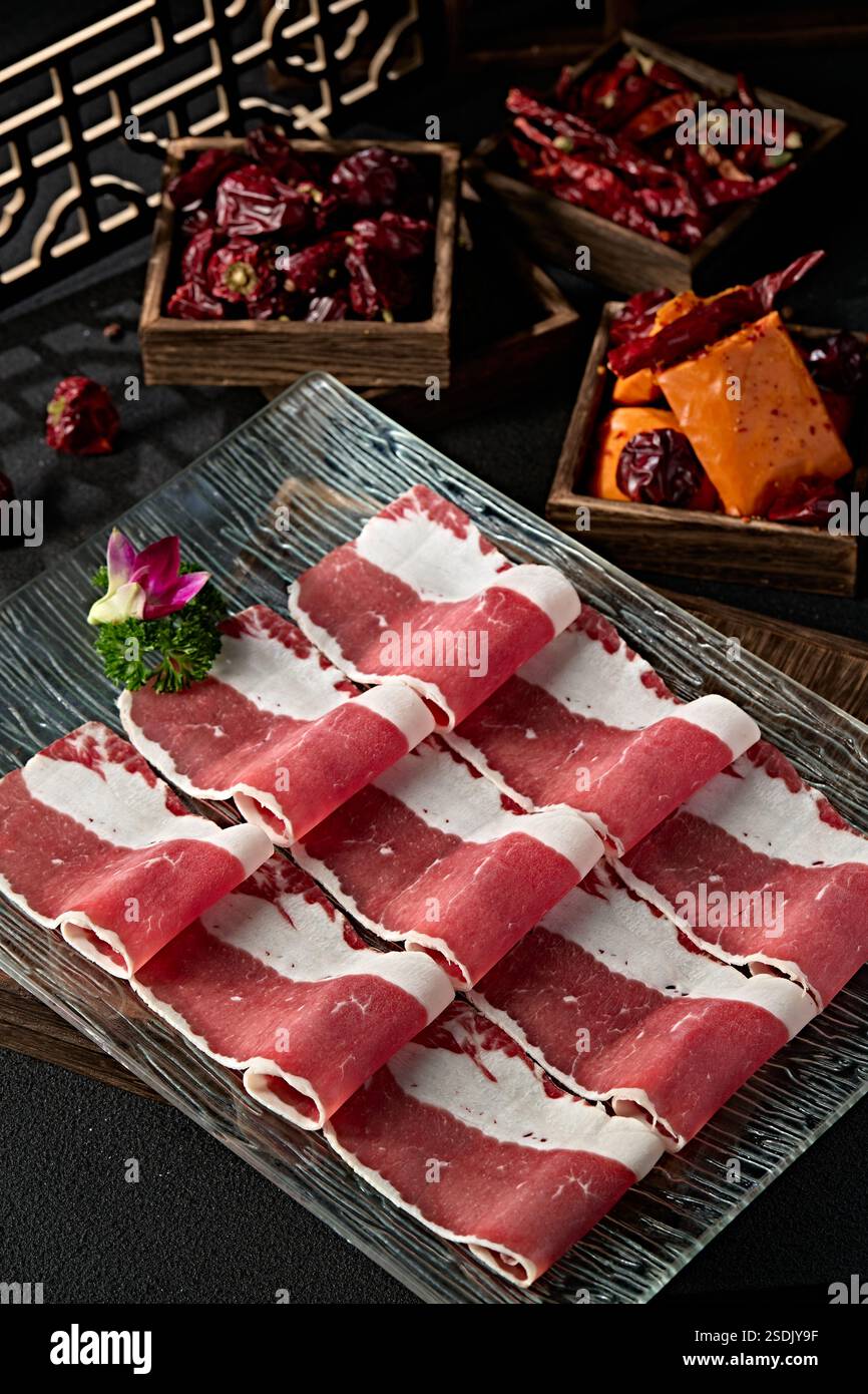 Best hot pot ingredients Angora beef fat slices Stock Photo - Alamy