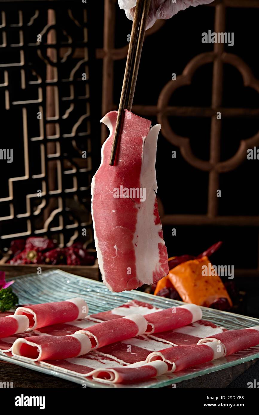 Best hot pot ingredients Angora beef fat slices Stock Photo - Alamy