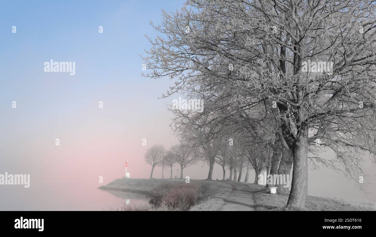 Misty Morning Landscape With Trees and a Small Lighthouse Stock Photo ...