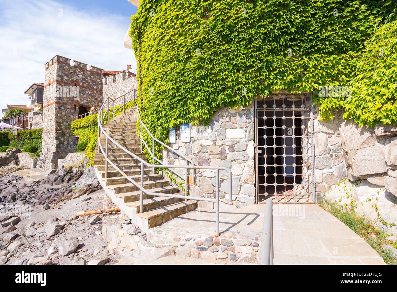sozopol, bulgaria - aug 09, 2015: southern fortress wall and tower. europe downtown. sunny morning. popular tourist attraction. late antique and medie Stock Photo