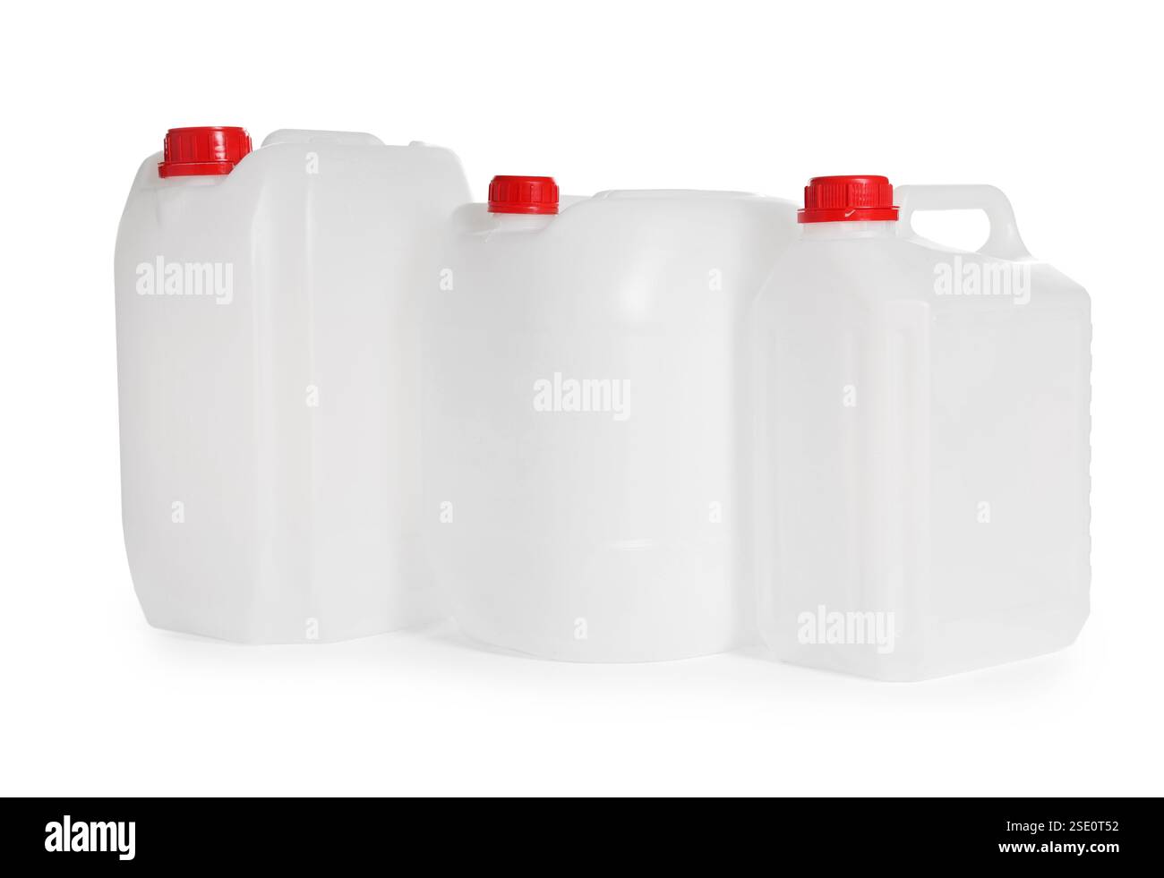 Three plastic canisters with caps isolated on white Stock Photo - Alamy