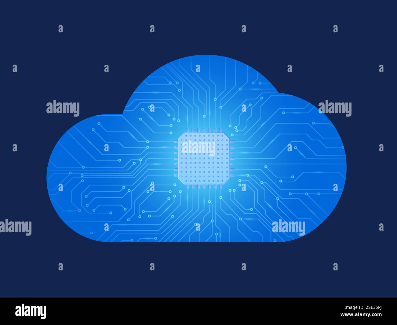 A cloud-shaped circuit board with a chip in the center symbolizing cloud computing Stock Vector