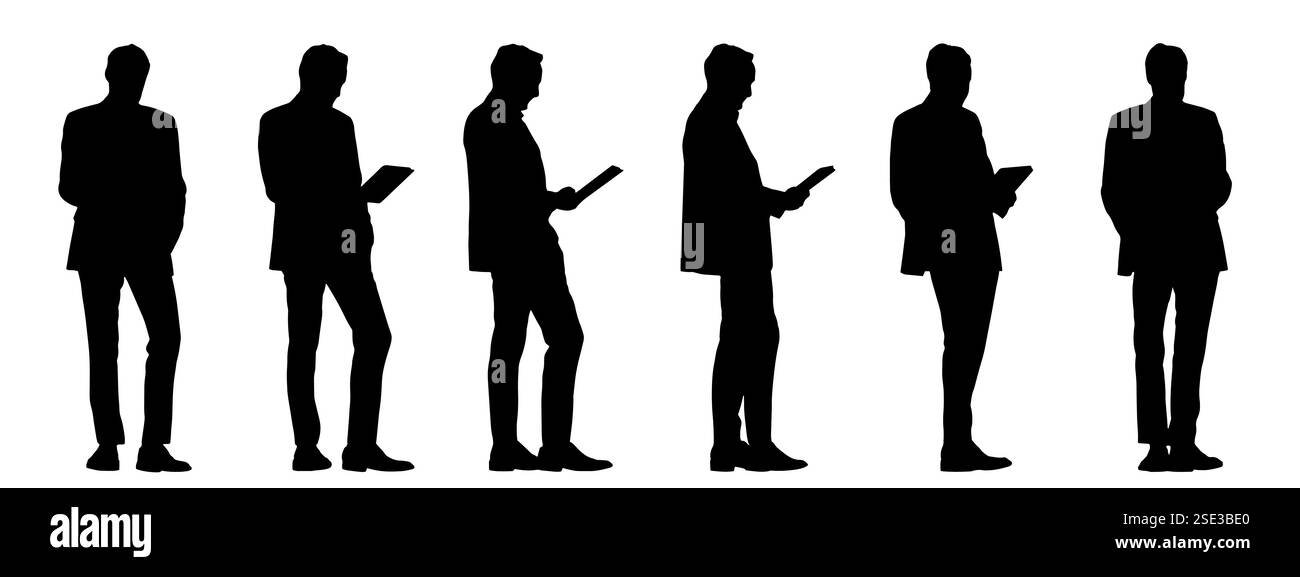 Vector concept conceptual black silhouette of a businessman holding a book from different perspectives isolated on white background. A metaphor Stock Vector