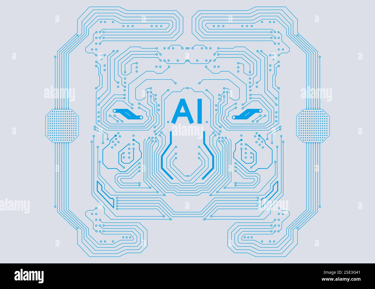 Blue circuit board pattern and AI word on light grey background Stock Vector