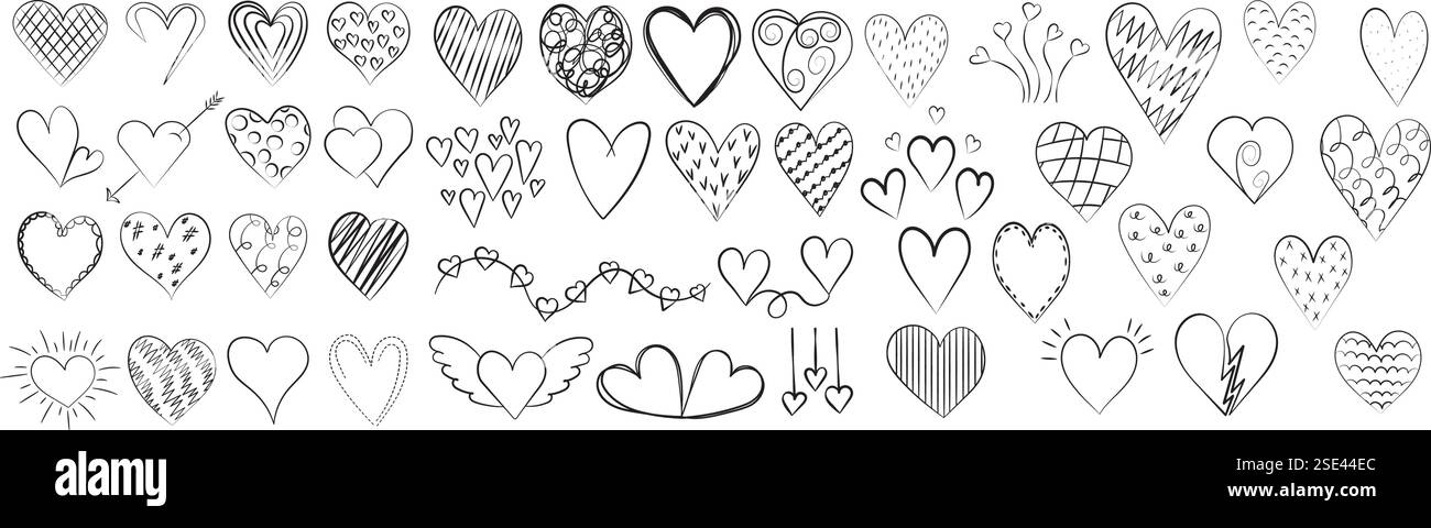 set of doodle hearts on white background, vector Stock Vector Image ...