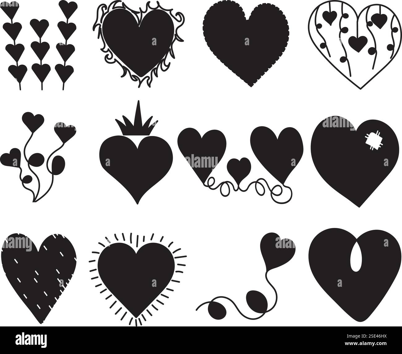 set of hearts silhouette in doodle style, vector Stock Vector Image ...