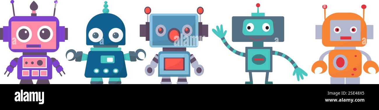 robots, androids set, collection in doodle style isolated vector Stock Vector