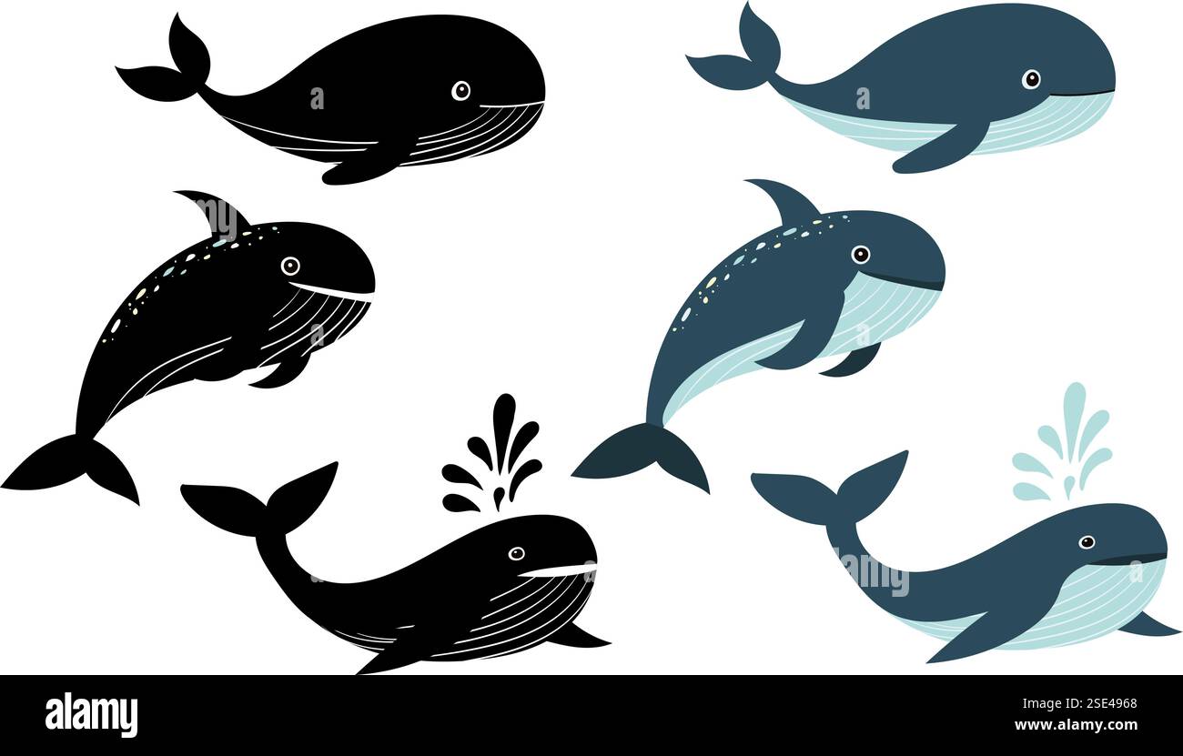 set silhouette of whales on white background, vector Stock Vector Image ...