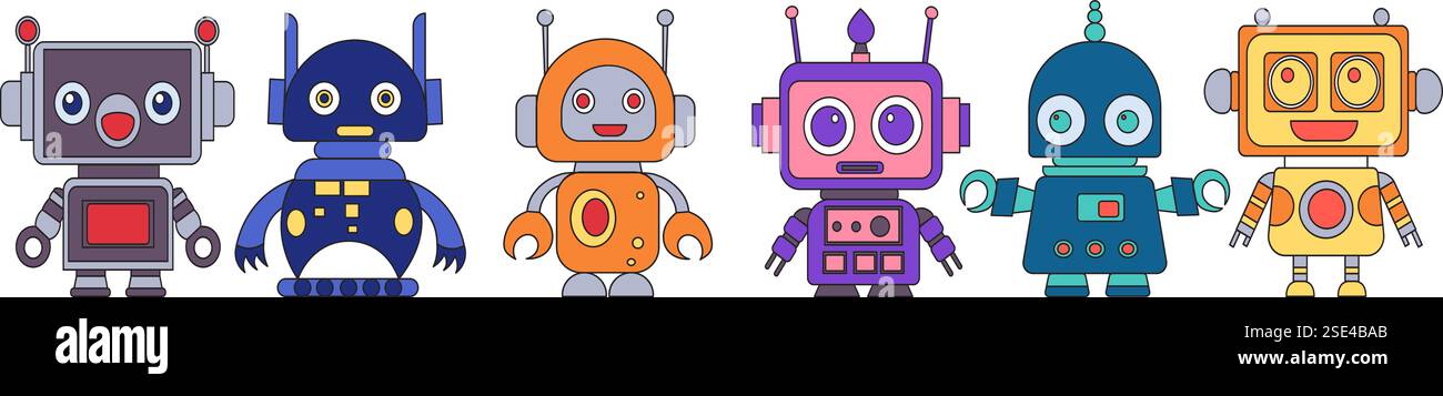 robots, androids set in doodle style set on white background, vector Stock Vector