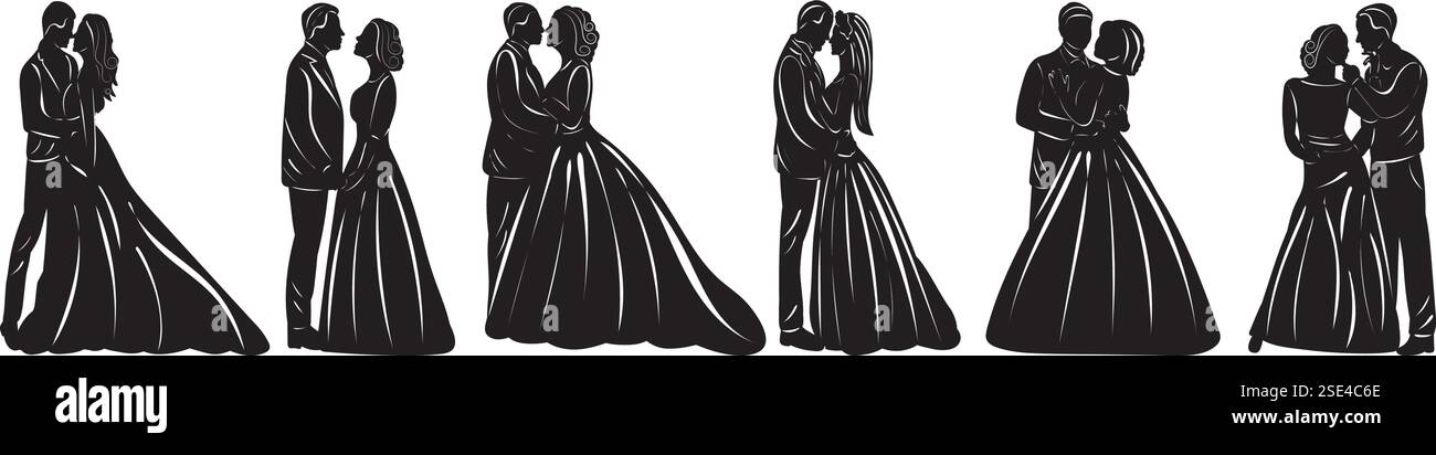 set of bride and groom silhouette on white background, vector Stock ...