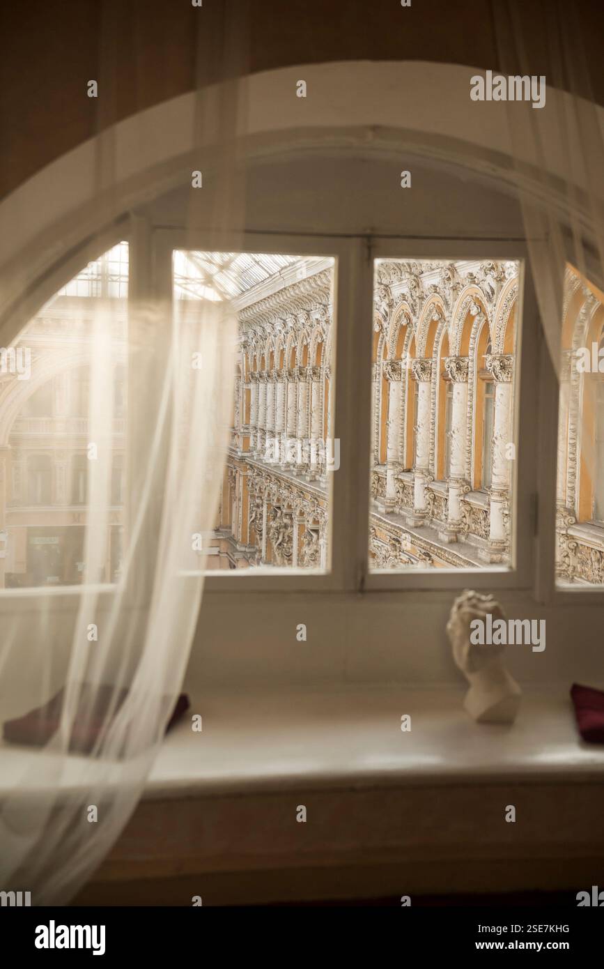 arched window in the room. white wooden frames Stock Photo - Alamy