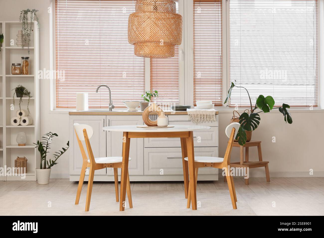 Interior of light kitchen with dining table, counters and plants Stock ...