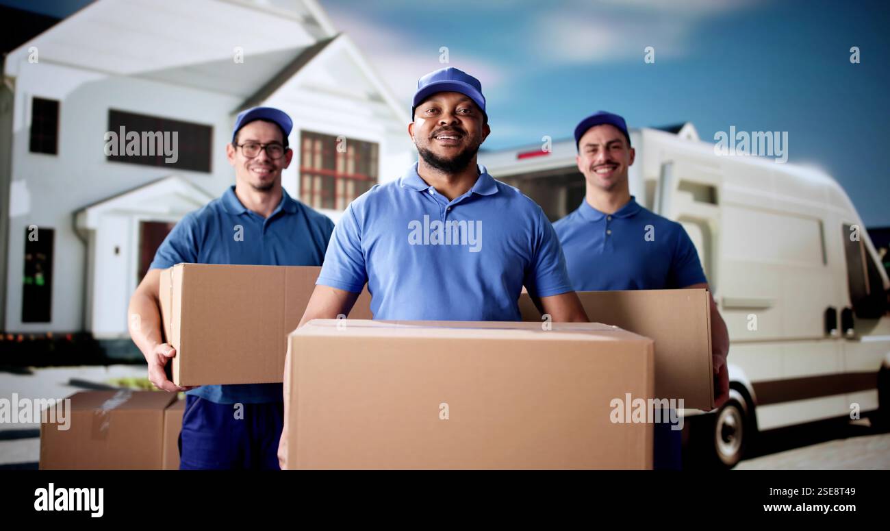 Professional Movers Unloading Boxes from Delivery Van in Diverse Group. Stock Photo