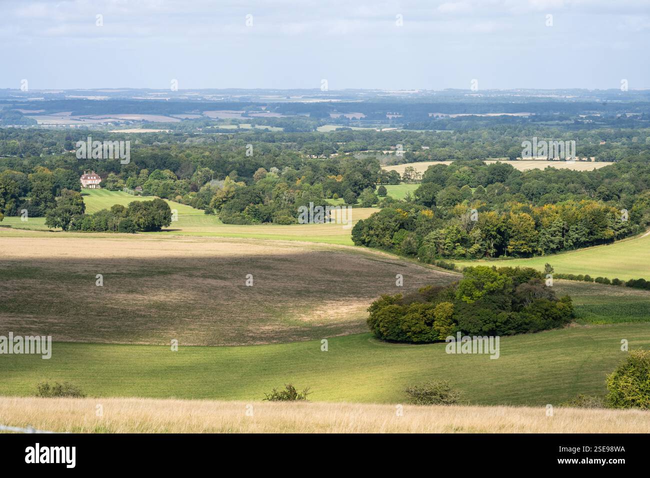 Sun shines on the patchwork of farmland fields, woodland and parkland in Berkshire's Kennet Valley as seen from West Woodhay Down in the North Wessex Stock Photo