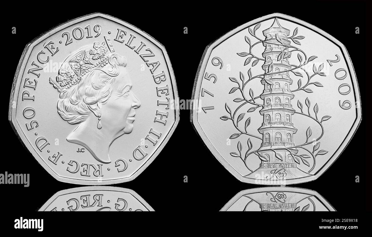 2019 Reissue Kew Gardens 50p coin design by Christopher Le Brun RA also featuring  Queen Elizabeth II effigy by Jody Clark Stock Photo