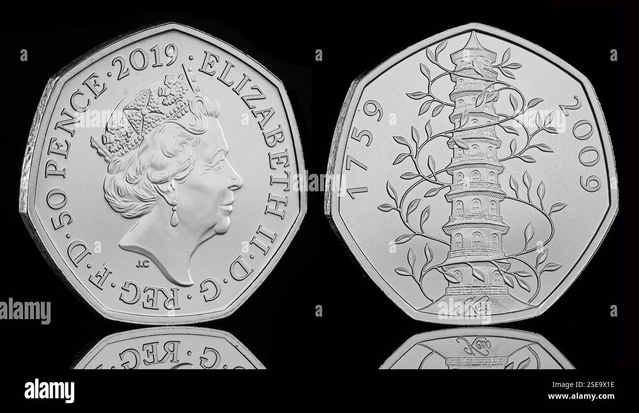 2019 Reissue Kew Gardens 50p coin design by Christopher Le Brun RA also featuring  Queen Elizabeth II effigy by Jody Clark Stock Photo