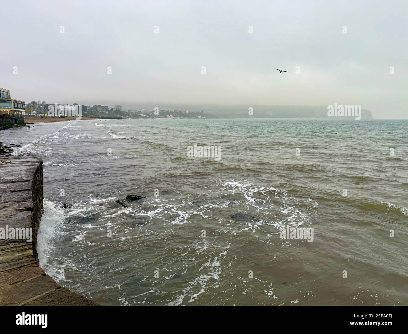 Waves against the Sea Wall, Swanage, Dorset - Smartphone Captured Stock Image