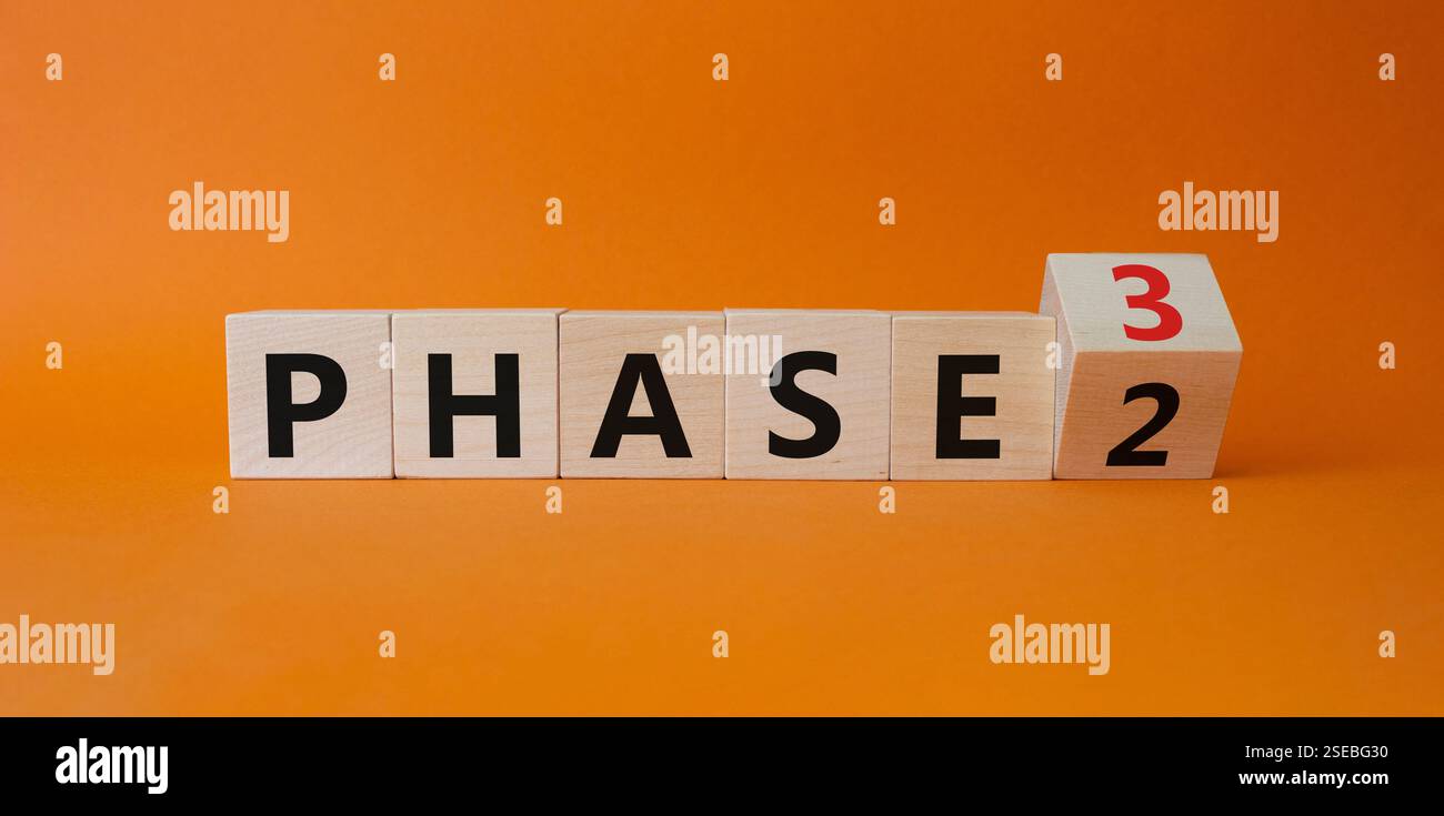 From Phase 2 to 3 symbol. Wooden cubes with words Phase 2 and Phase 3 ...