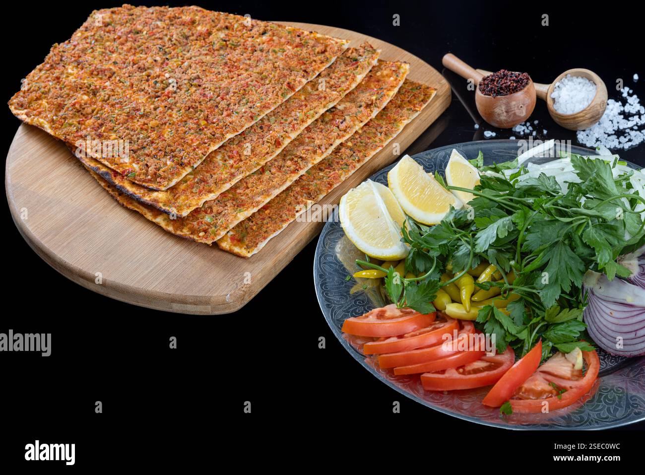 Traditional delicious Turkish foods lahmacun with mince lamb meat ...