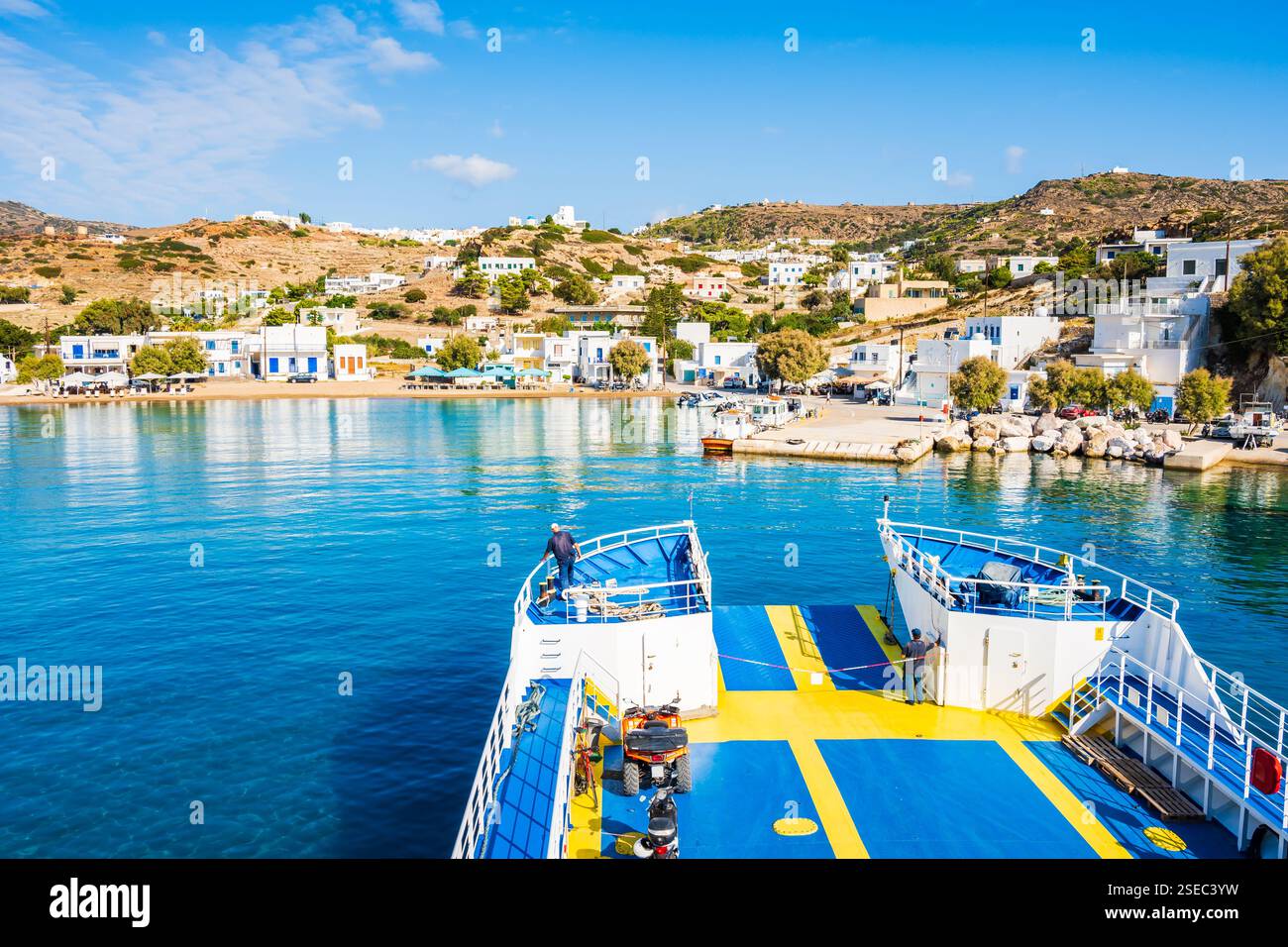 View of Kimolos port from ferry boat, Kimolos island, Cyclades, Greece ...