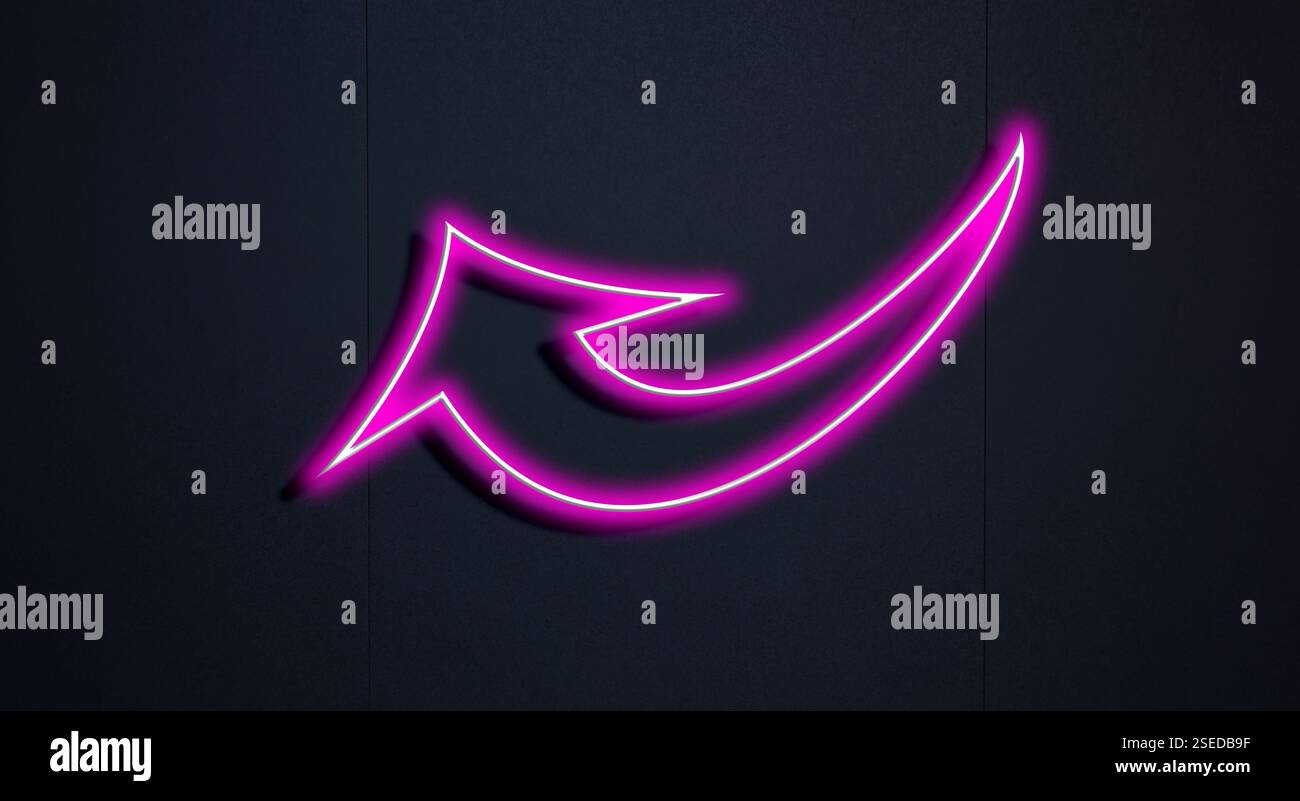 Pink neon arrow-shaped pointer on black wall Stock Photo