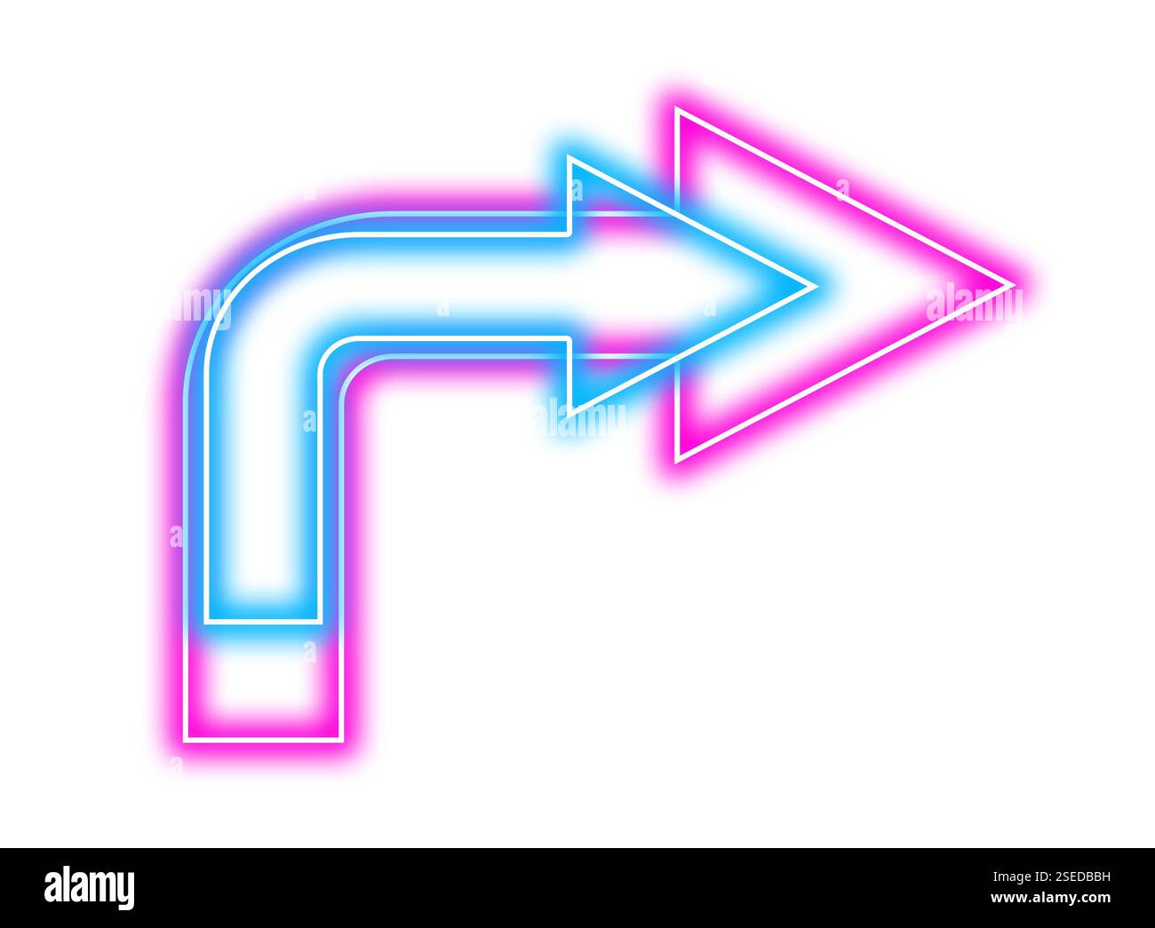 Bright neon arrow-shaped pointer on white background Stock Photo