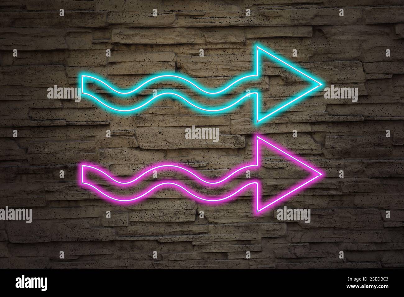 Bright neon arrow-shaped pointer on stone wall Stock Photo