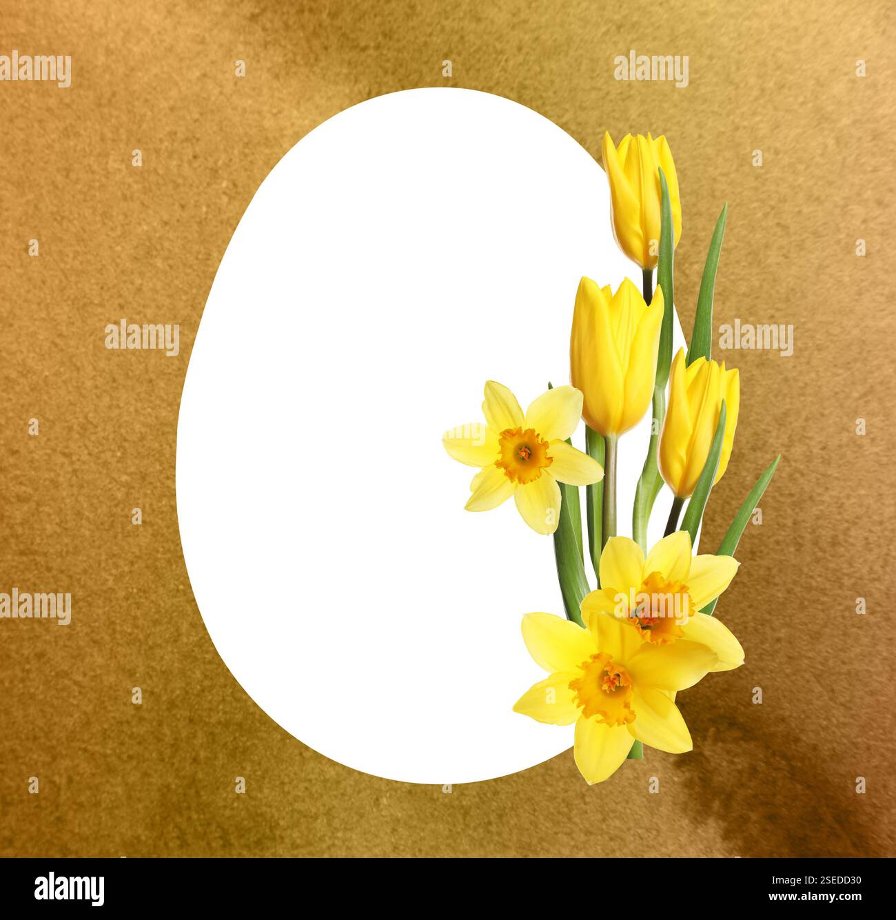 Happy Easter greeting card. Egg-shaped outline with beautiful spring flowers on golden watercolor background Stock Photo