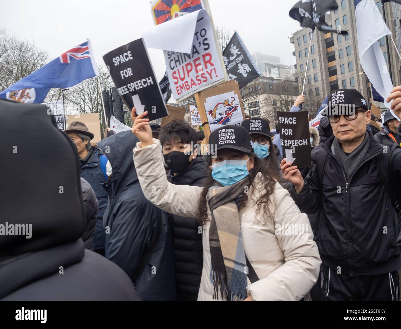 Tower Hamlets Riots London, UK. 8 Feb 2025. Thousands mainly Hongkongers, Tibetans, Uyghurs ...