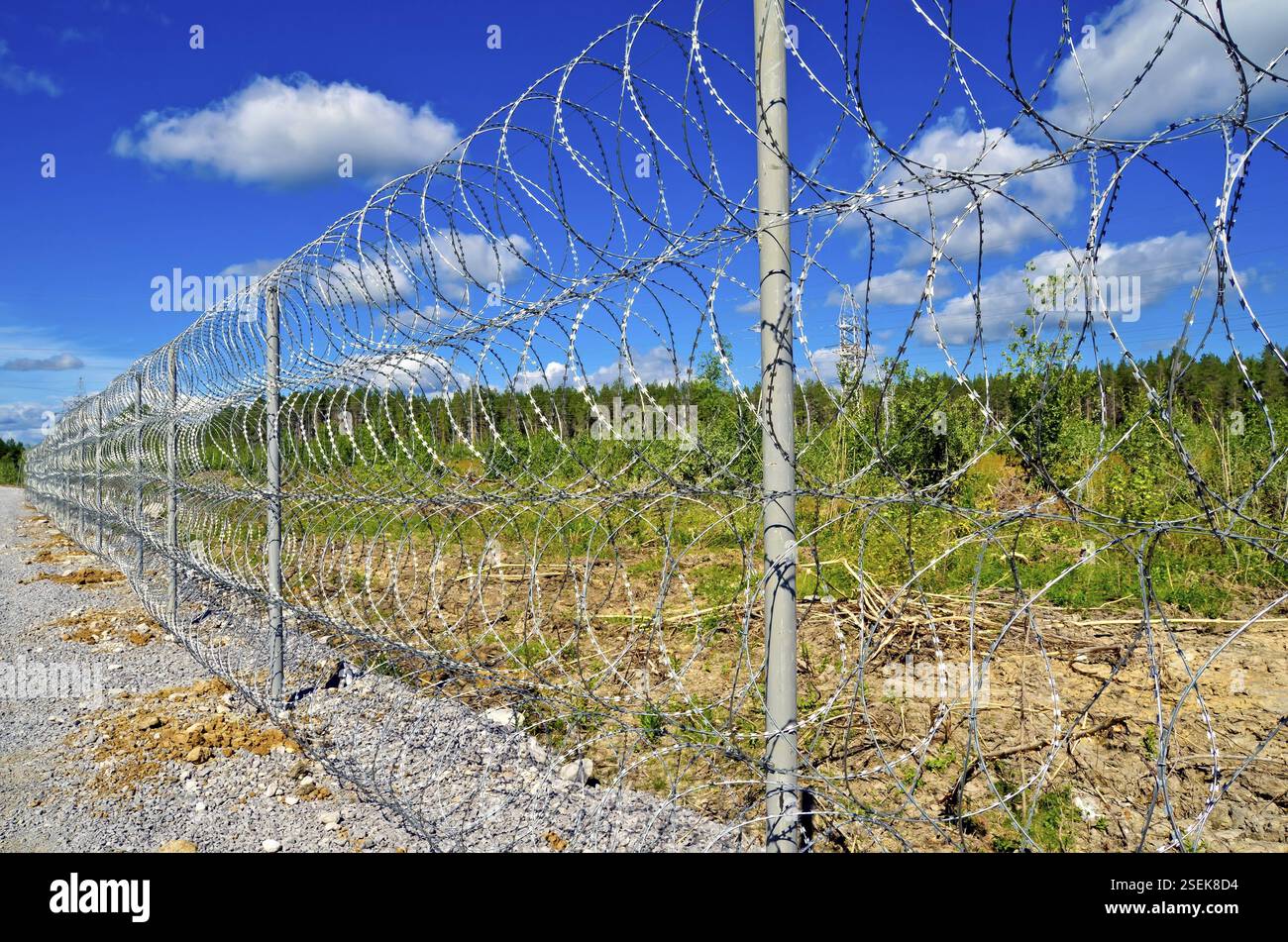 Barbed wire fence on a background of blue sky with white clouds, green ...