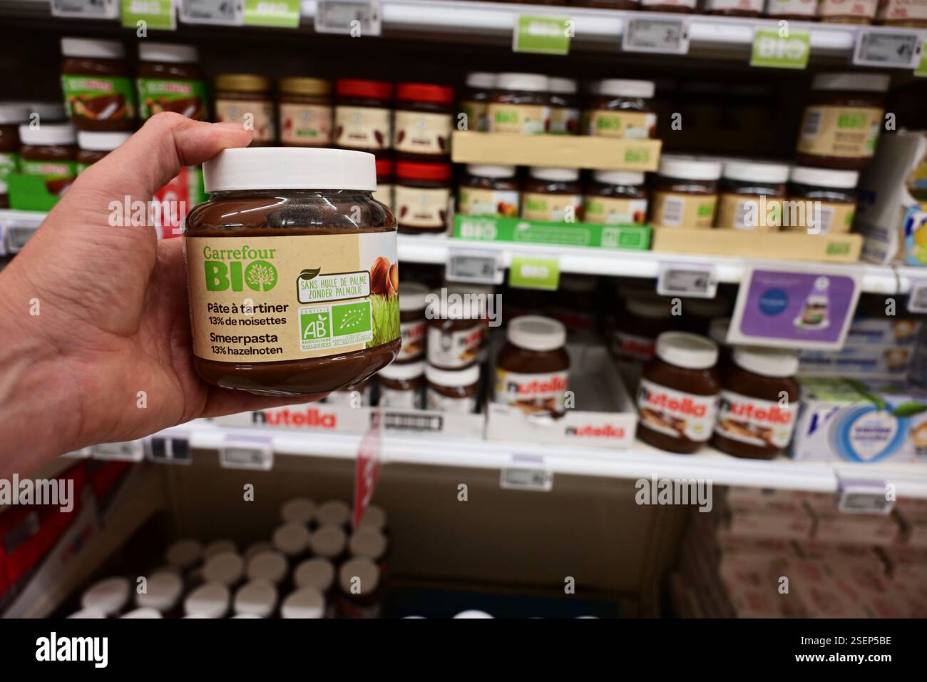 Bio label chocolate spread sandwich topping Stock Photo