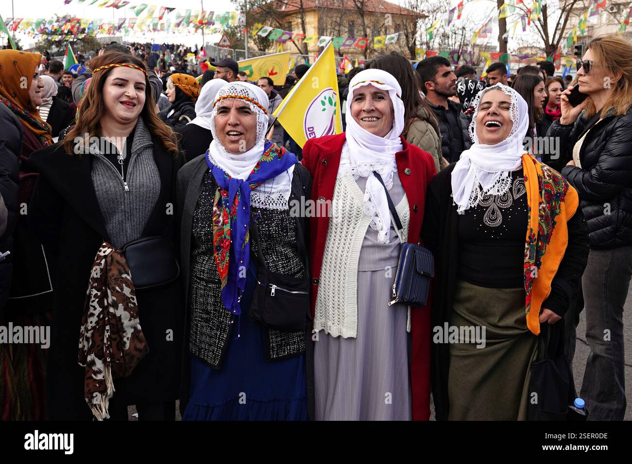A group of Kurdish women seen dancing during a rally. Thousands of ...