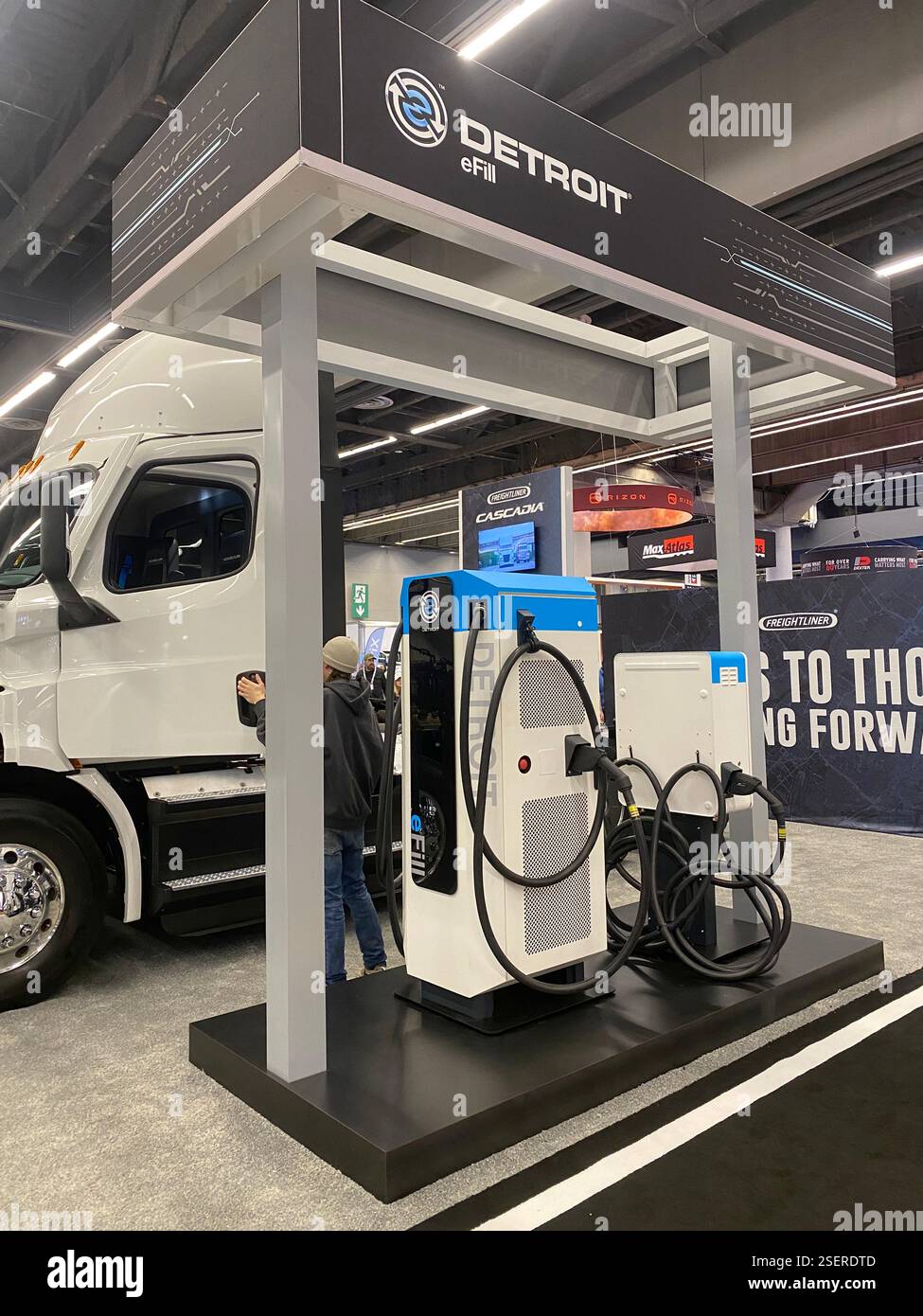 Detroit efil commercial charging station on display at Expocam truck show in Montreal,Quebec,Canada - Smartphone Captured Stock Image
