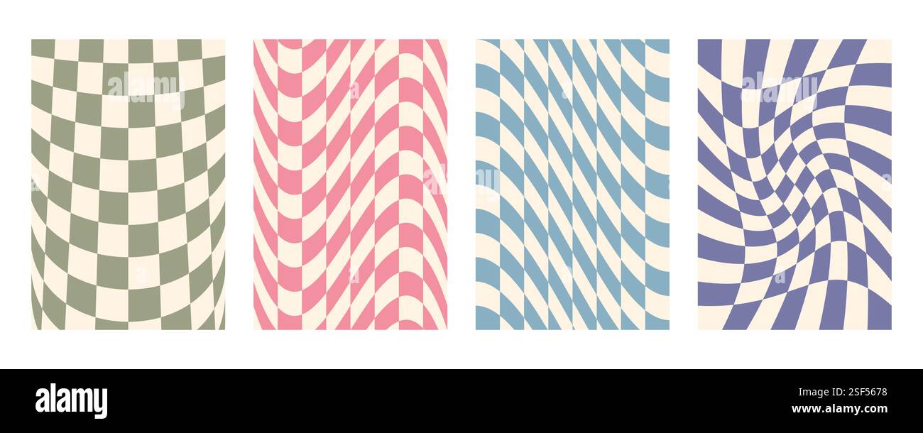 Groovy distorted checkered background set. Hand drawn groovy, hippie ...