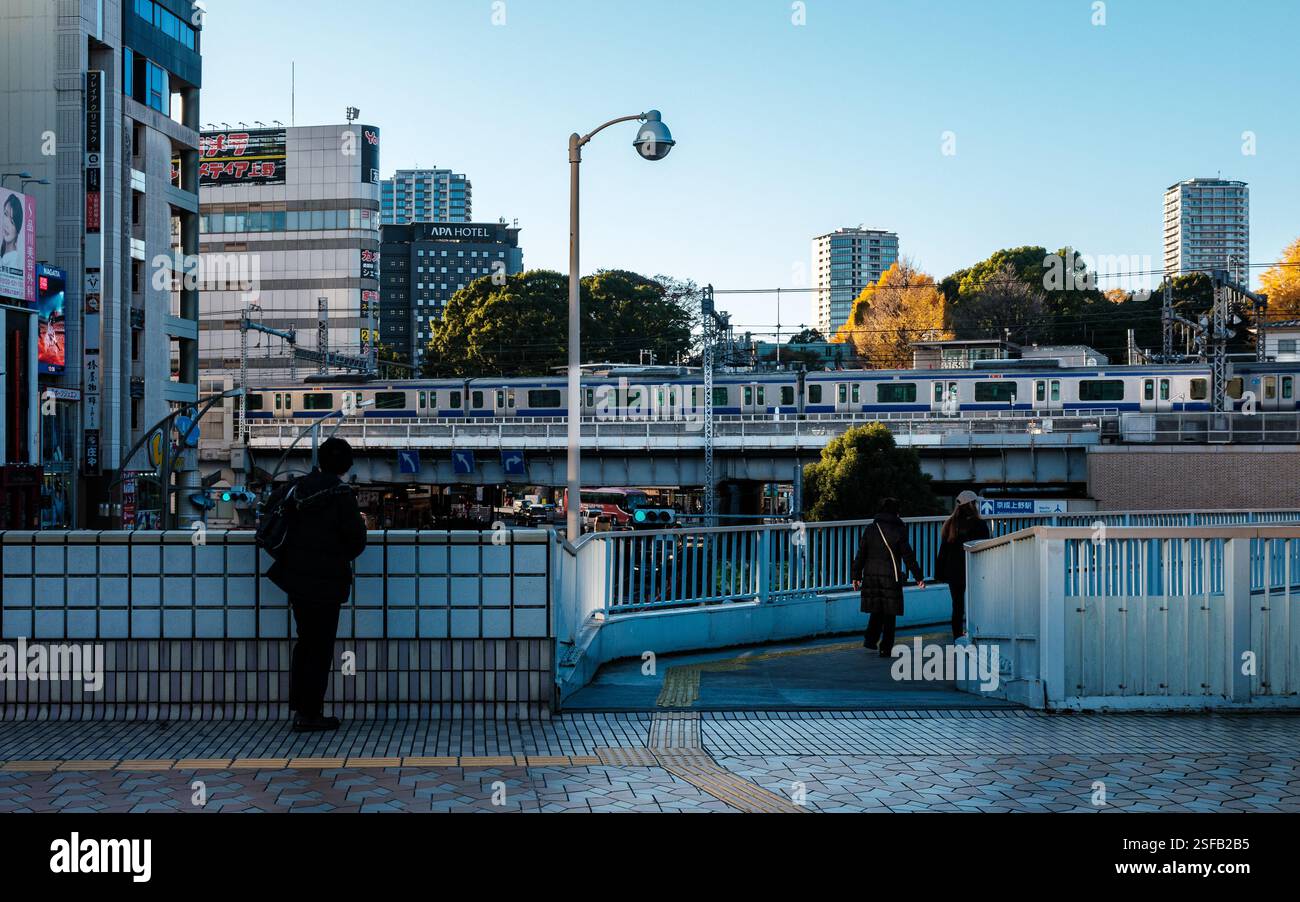 A late afternoon scene near Ueno Station in Taito Ward, Tokyo, Japan, capturing an urban pedestrian overpass with commuters walking and pausing to vie Stock Photo