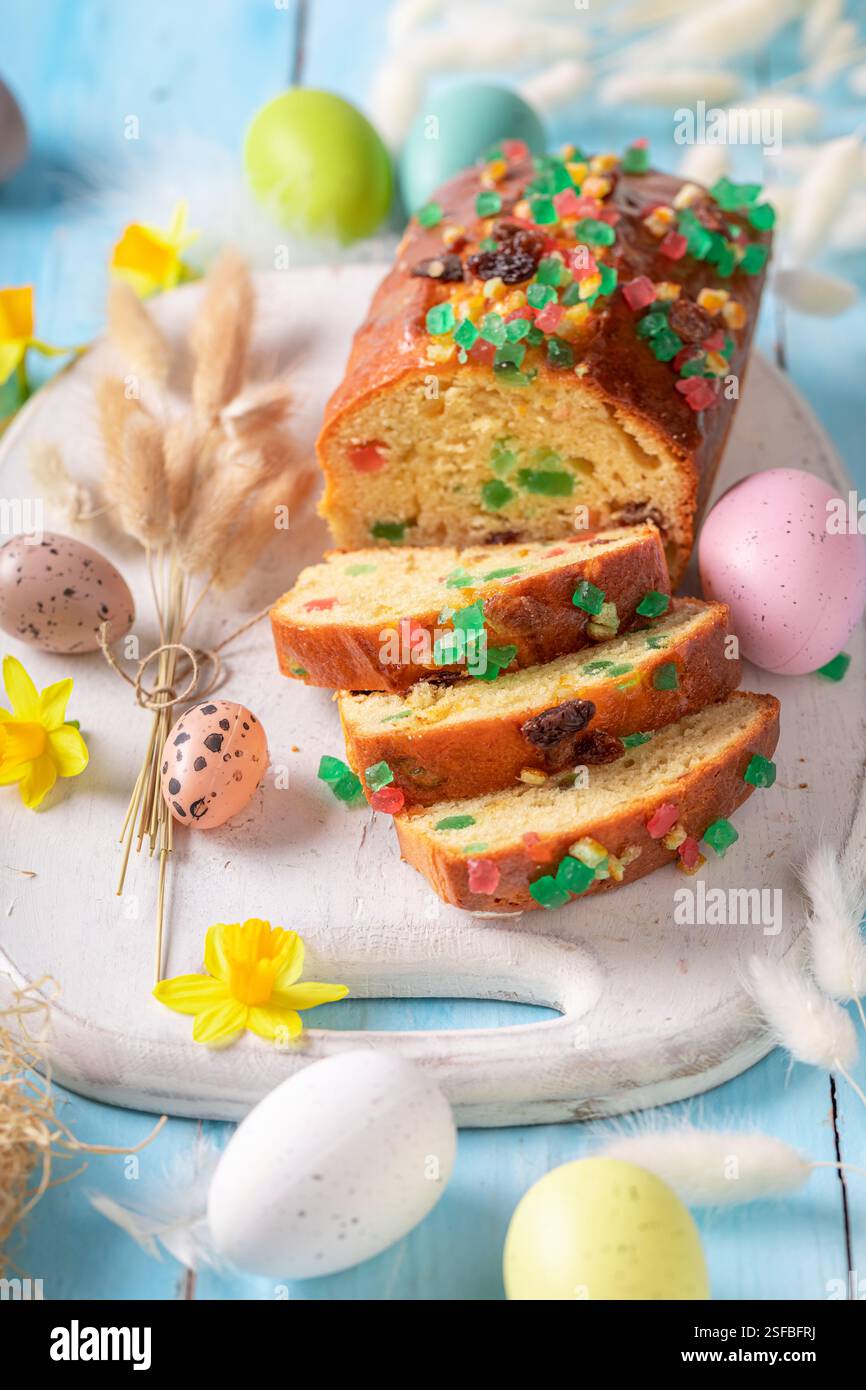 Fresh Fruitcake for Easter as delicious Easter cake. Fruit cake for Easter. Stock Photo