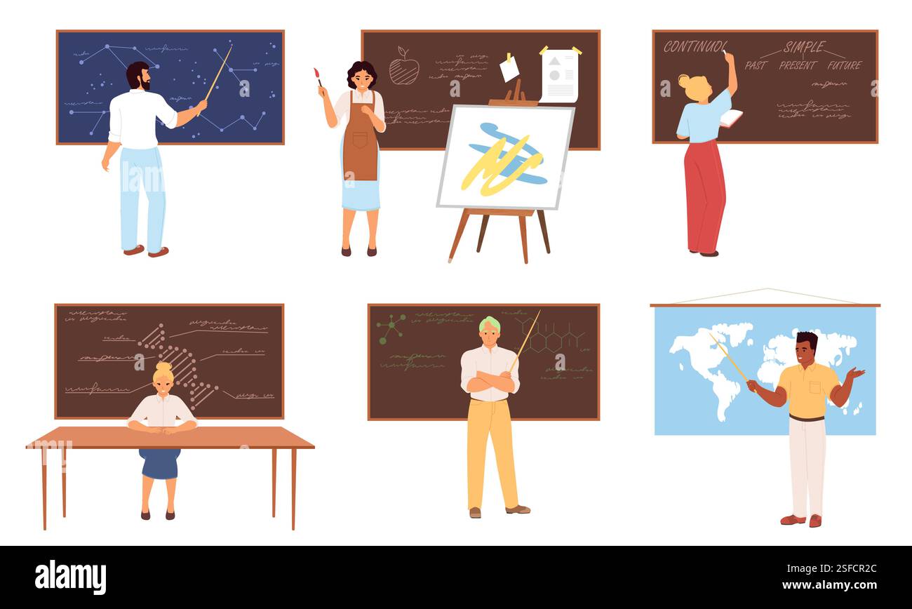 In a vibrant classroom setting, teachers demonstrate different subjects using visual aids and interactive methods, highlighting creative teaching Stock Vector