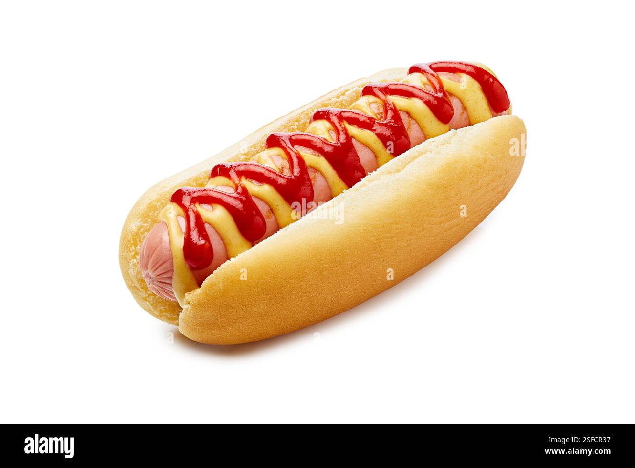 Indulge in a Delectable Hot Dog topped with Mustard and Ketchup for ultimate satisfaction Stock Photo