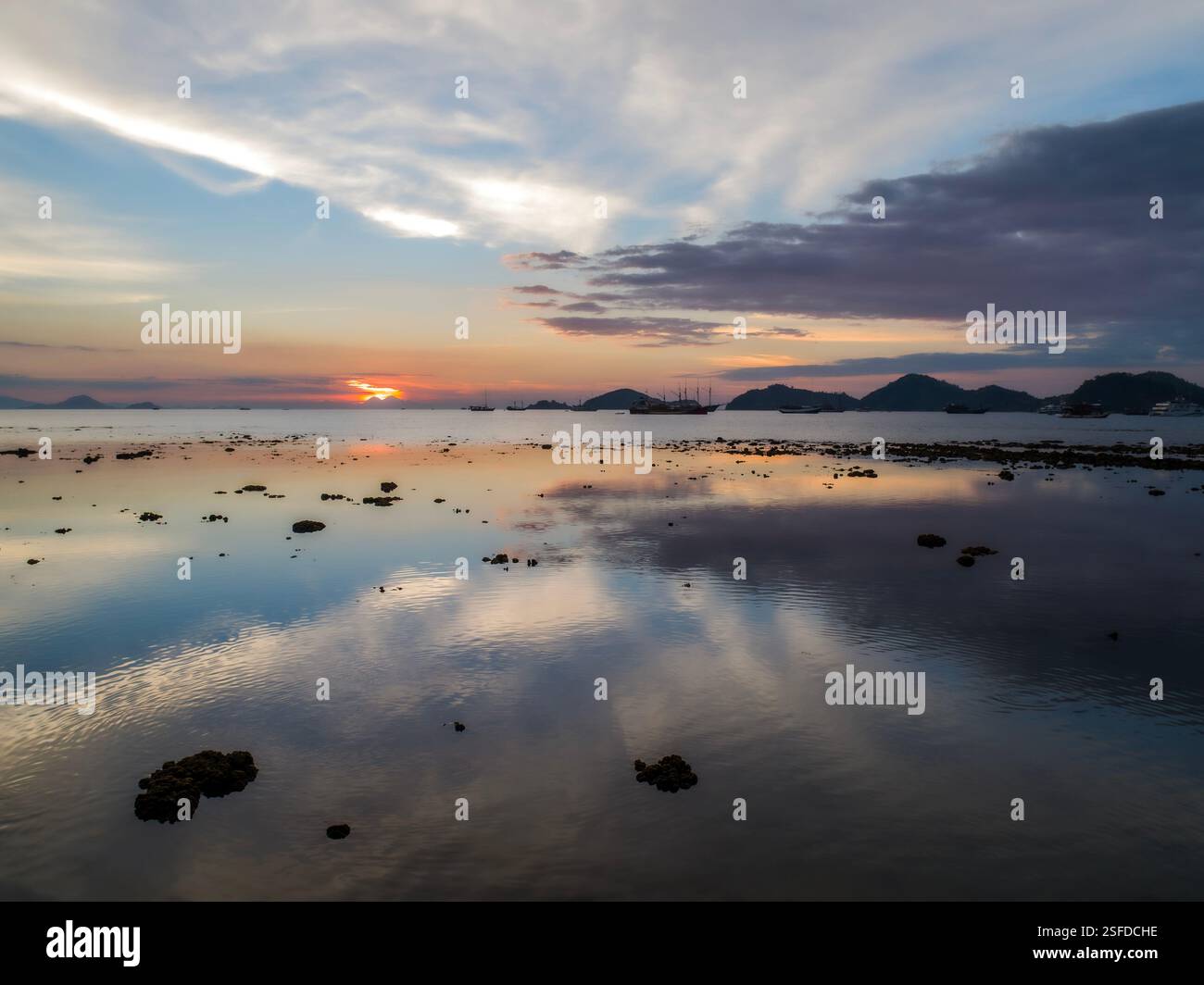 Tropical coastal landscape at sunset, Labuan Bajo, Flores, Komodo ...