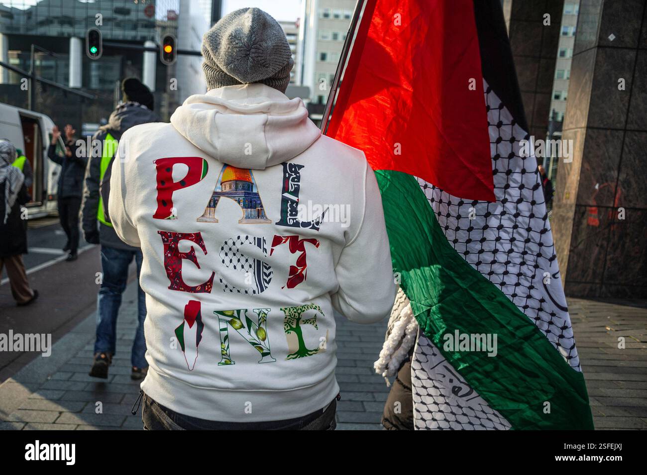 Schouwburgplein, Rotterdam. Saturday 8th February 2025. ‘No to Tramp Plan - Never.' A small but very vocal demonstration in the centre of Rotterdam, by Palestinians and their supporters to protest U.S. President Trump's comment earlier this week on “The U.S. take-over of Palestine and prime real estate development overlooking the Mediterranean Sea.” With an additional statement that the U.S. will “own' Gaza. Credit: Charles M Vella/Alamy Live News Stock Photo