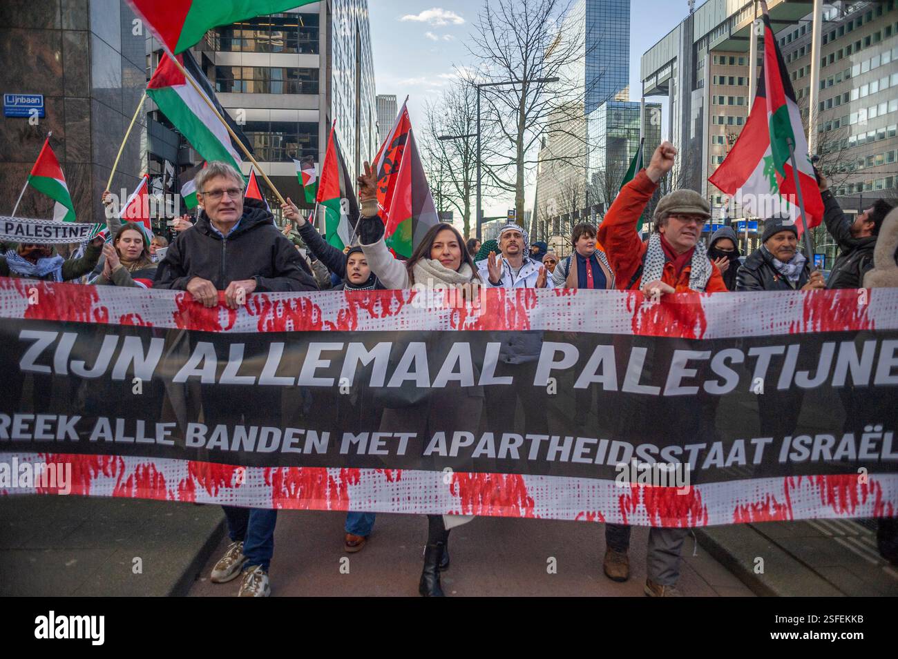 Schouwburgplein, Rotterdam. Saturday 8th February 2025. ‘No to Tramp Plan - Never.' A small but very vocal demonstration in the centre of Rotterdam, by Palestinians and their supporters to protest U.S. President Trump's comment earlier this week on “The U.S. take-over of Palestine and prime real estate development overlooking the Mediterranean Sea.” With an additional statement that the U.S. will “own' Gaza. Credit: Charles M Vella/Alamy Live News Stock Photo