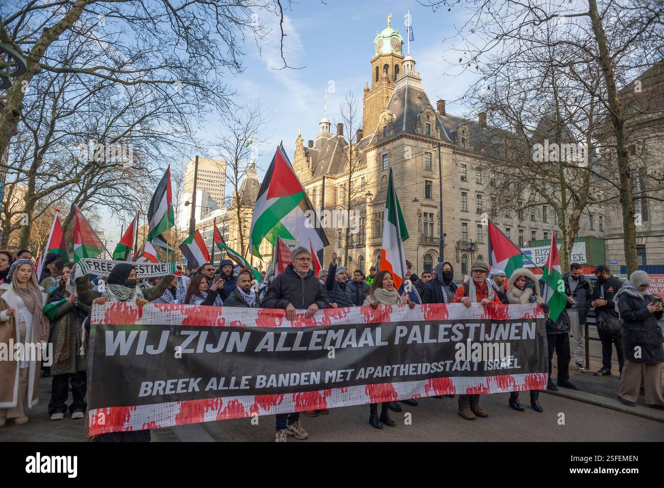 Schouwburgplein, Rotterdam. Saturday 8th February 2025. ‘No to Tramp Plan - Never.' A small but very vocal demonstration in the centre of Rotterdam, by Palestinians and their supporters to protest U.S. President Trump's comment earlier this week on “The U.S. take-over of Palestine and prime real estate development overlooking the Mediterranean Sea.” With an additional statement that the U.S. will “own' Gaza. Credit: Charles M Vella/Alamy Live News Stock Photo