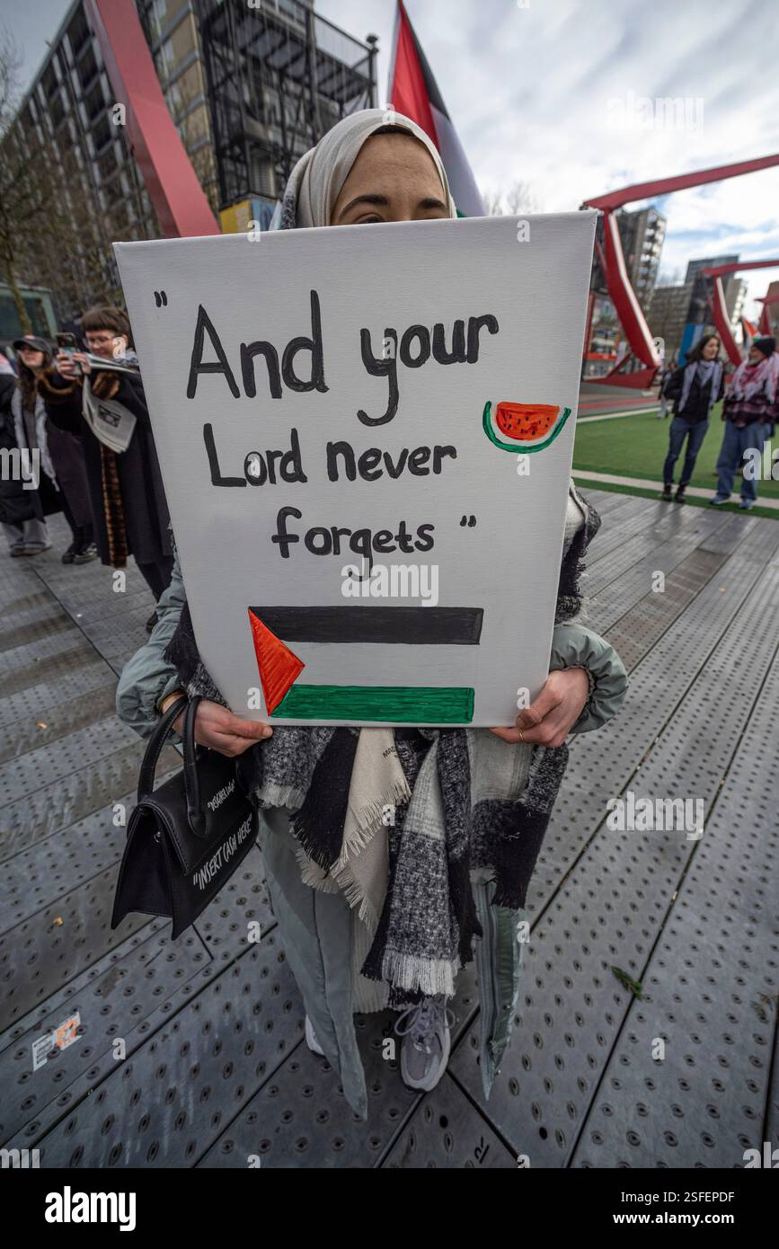Schouwburgplein, Rotterdam. Saturday 8th February 2025. ‘No to Tramp Plan - Never.' A small but very vocal demonstration in the centre of Rotterdam, by Palestinians and their supporters to protest U.S. President Trump's comment earlier this week on “The U.S. take-over of Palestine and prime real estate development overlooking the Mediterranean Sea.” With an additional statement that the U.S. will “own' Gaza. Credit: Charles M Vella/Alamy Live News Stock Photo