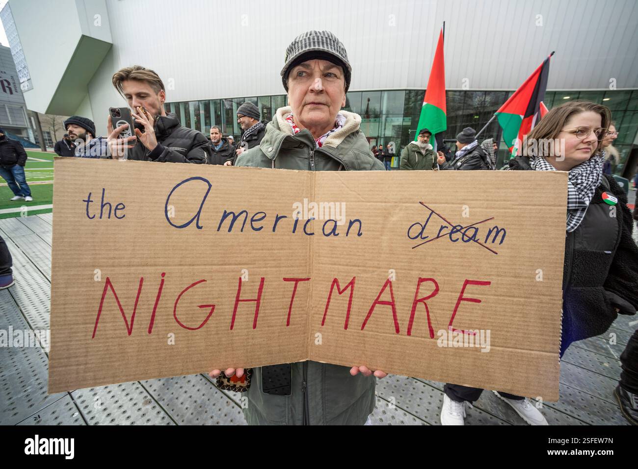 Schouwburgplein, Rotterdam. Saturday 8th February 2025. ‘No to Tramp Plan - Never.' A small but very vocal demonstration in the centre of Rotterdam, by Palestinians and their supporters to protest U.S. President Trump's comment earlier this week on “The U.S. take-over of Palestine and prime real estate development overlooking the Mediterranean Sea.” With an additional statement that the U.S. will “own' Gaza. Credit: Charles M Vella/Alamy Live News Stock Photo